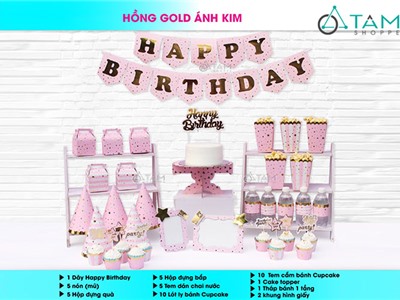 Bộ trang trí sinh nhật cho bé tông Hồng Gold ánh kim số 19